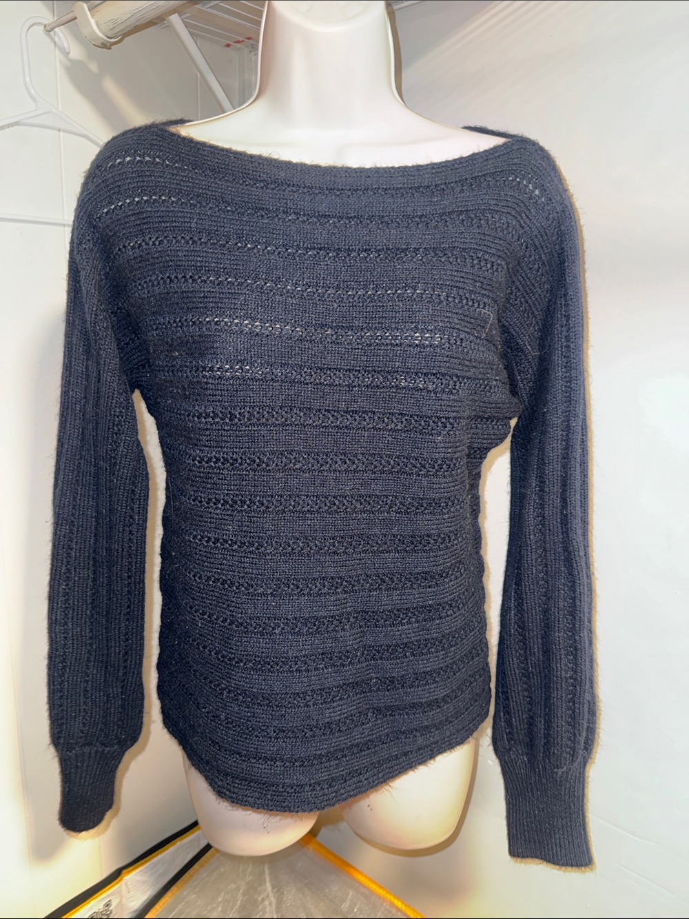 Women’s Navy Blue Off-the-Shoulder Open-Knit Sweater